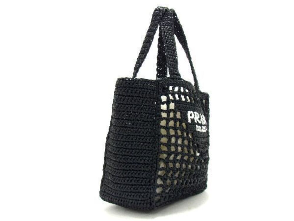 Prada Bag Tote Black Triangle Handbag Raffia Black